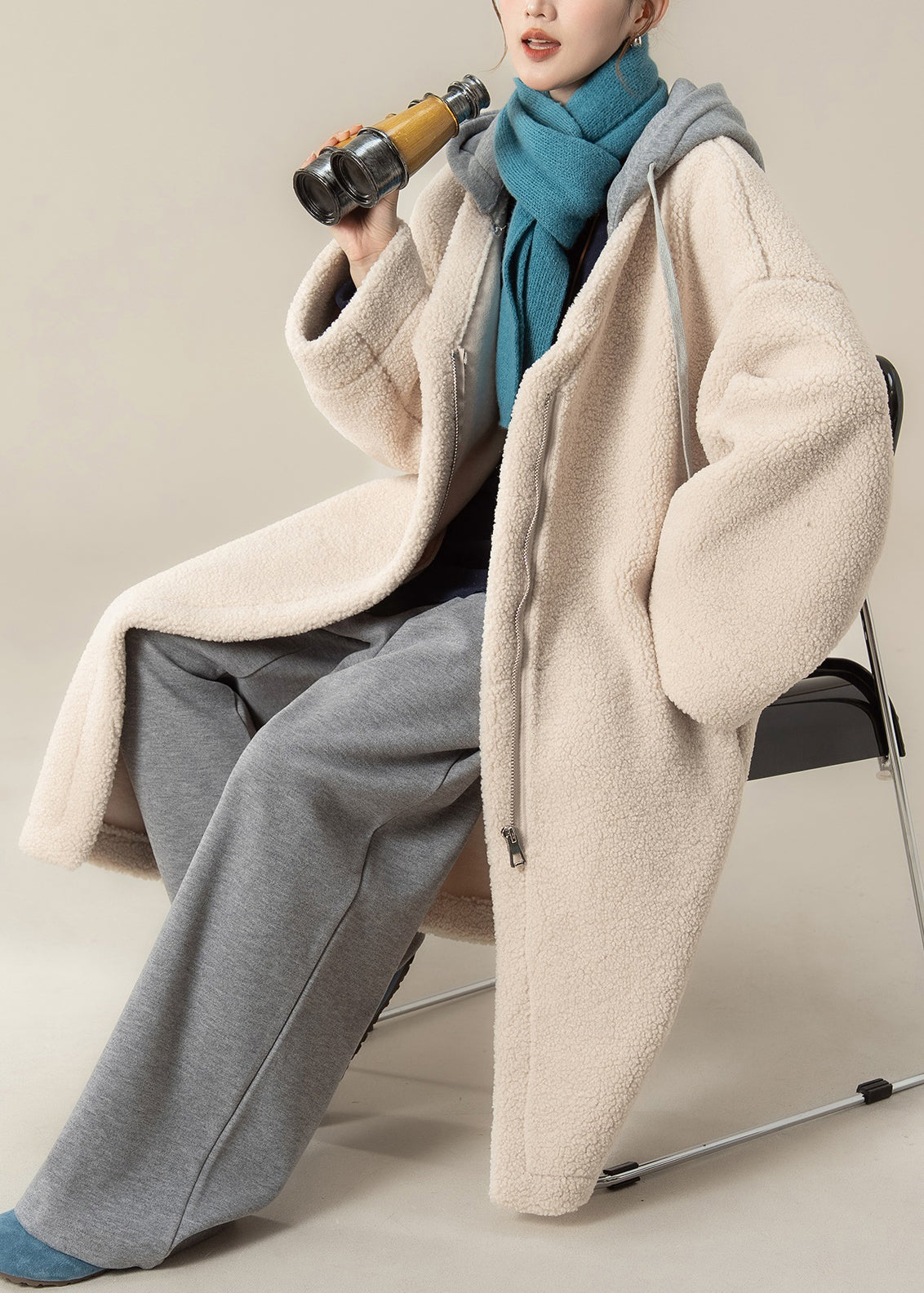 Apricot Hooded Zippered Patchwork Teddy Faux Fur Coat Winter