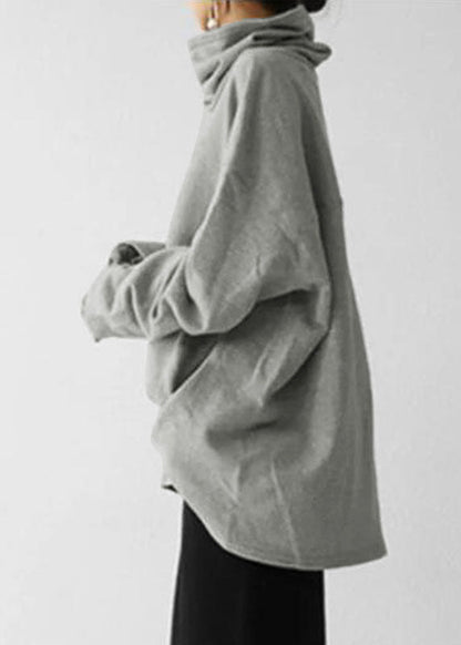 Loose Grey Hign Neck Patchwork Cotton Pullover Spring