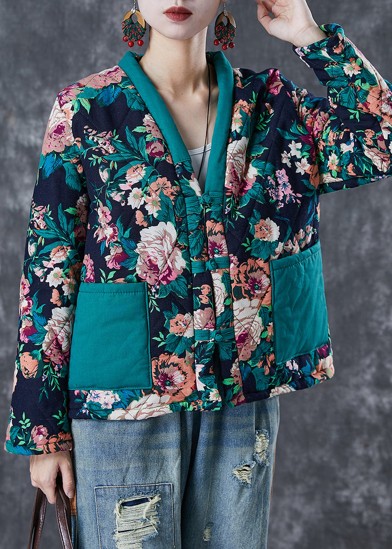Green Print Patchwork Fine Cotton Filled Coats Winter