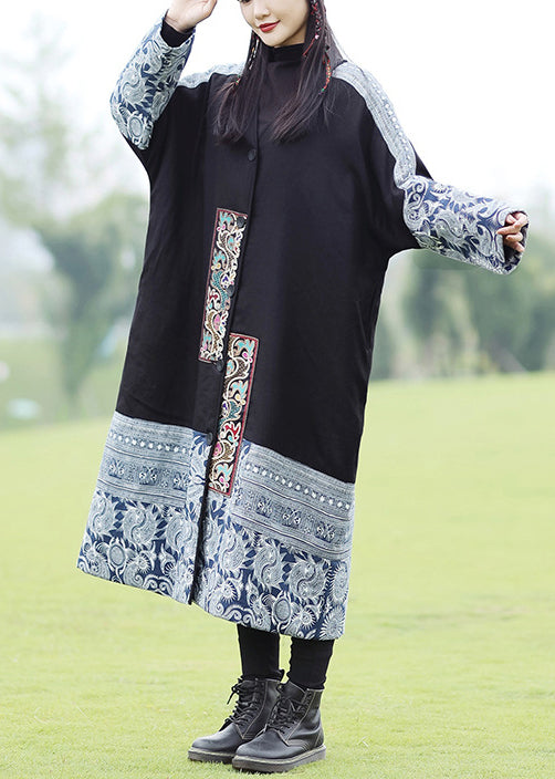Black Embroidered Patchwork Fine Cotton Filled Coat Spring