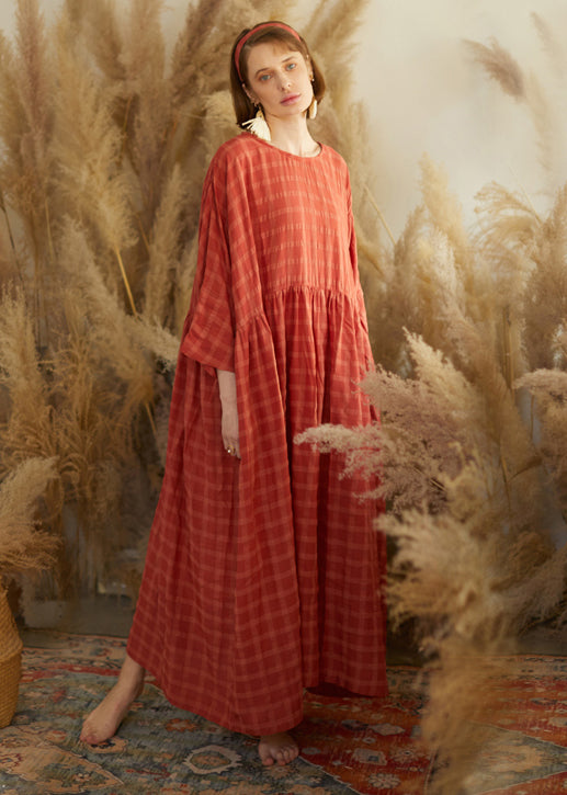 Orange O Neck Plaid Wrinkled Patchwork Cotton Maxi Dresses Fall