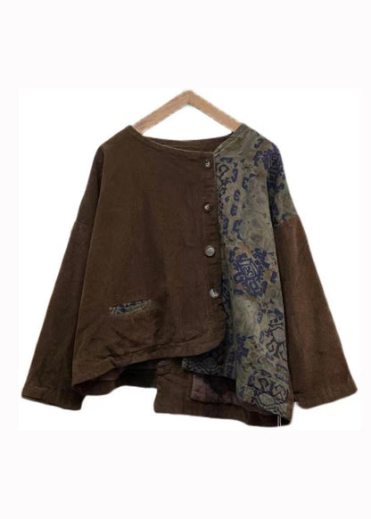 Coffee Asymmetrical Patchwork Corduroy Tops Fall