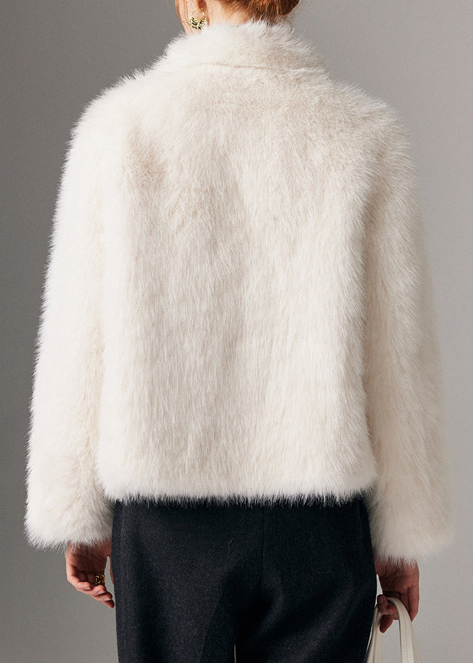 White Peter Pan Collar Zippered Leather and Fur Coats Winter