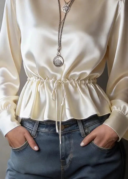 Unique Champagne O Neck Drawstring Silk Top Spring