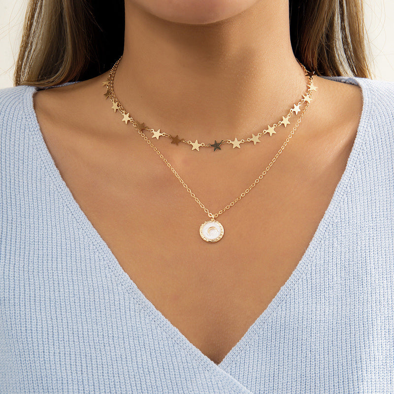 Geometric Metal Fine Chain Necklace Creative Star and Moon Drop Oil Pendant All-match Double Necklace