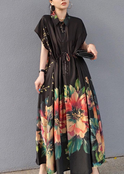 Lapel Drawstring Spring Tunic Sleeve Black Print Robe Dresses