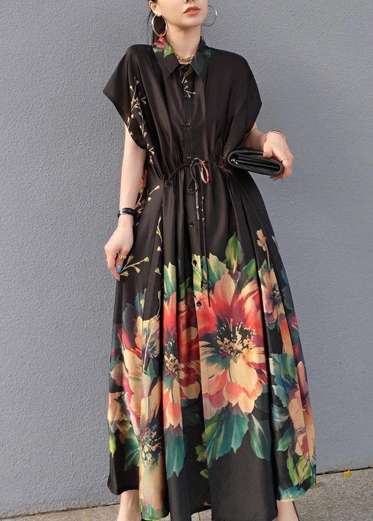 Lapel Drawstring Spring Tunic Sleeve Black Print Robe Dresses