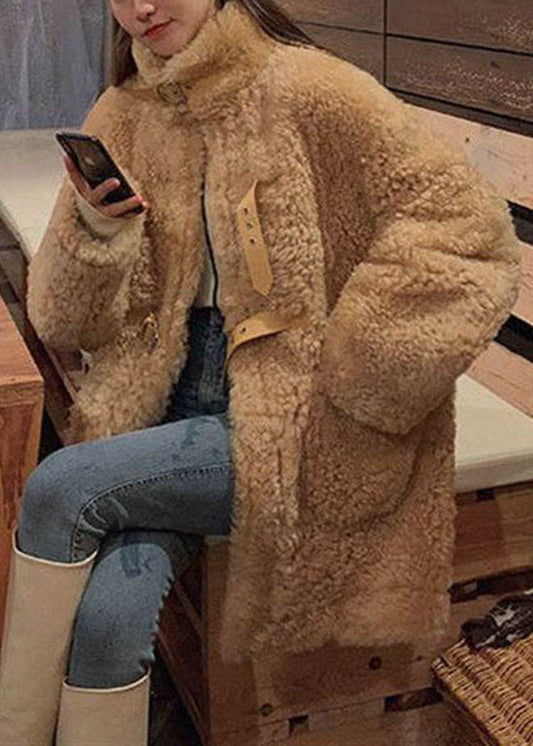 Camel Buckle Strap Patchwork Faux Fur Jacket Winter