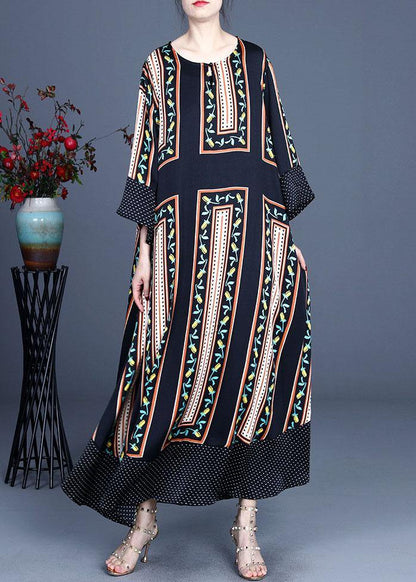 Modern Black Print Summer Silk Long Dresses Long Sleeve