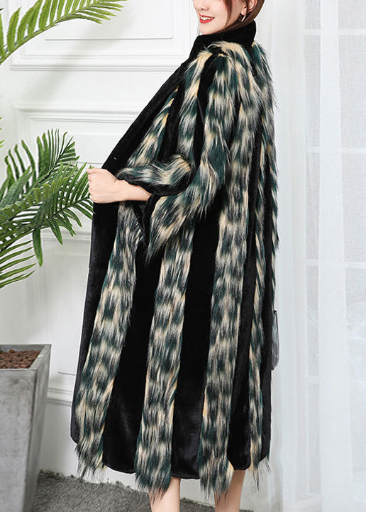 Gradient Color Striped Patchwork Faux Leather and Fur Coat Outwear Winter