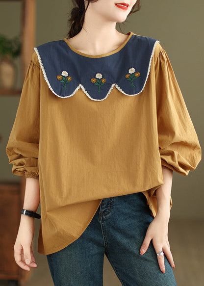Yellow Lace Cotton T Shirt O Neck Long Sleeve