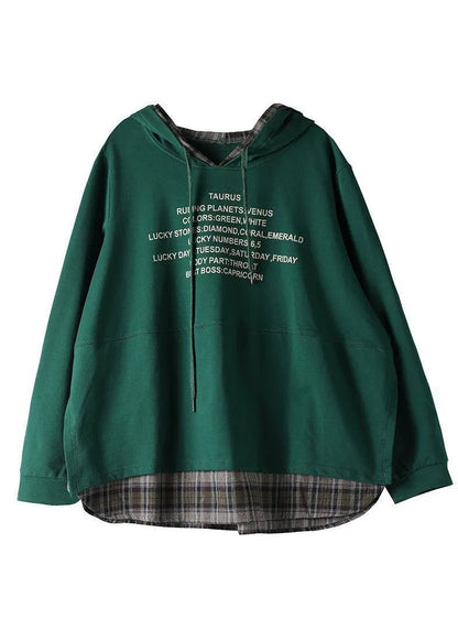 Classy Green Hooded Drawstring Graphic Fake Two Piece Sweatshirts Top Spring