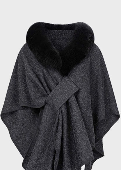 Dark Grey Fur Collar Coats Batwing Sleeve
