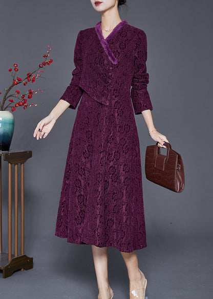 Dull Purple Jacquard Slim Fit Warm Fleece Dresses Winter