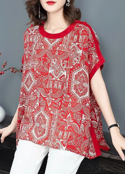 Red O-neck Print Draping Chiffon Tank Tops Short Sleeve