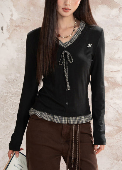 Black Patchwork Cotton Fake Two Piece Tops Ruffled Fall