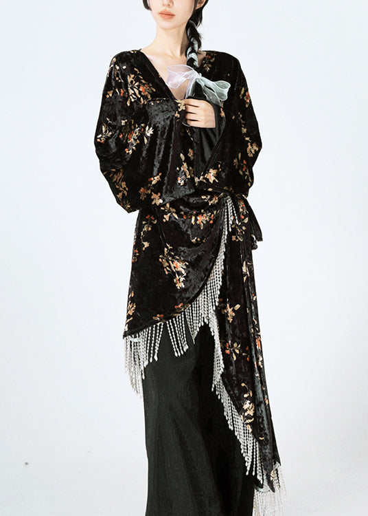 Black Asymmetrical Print Lace Up Velour Silk Dress Spring