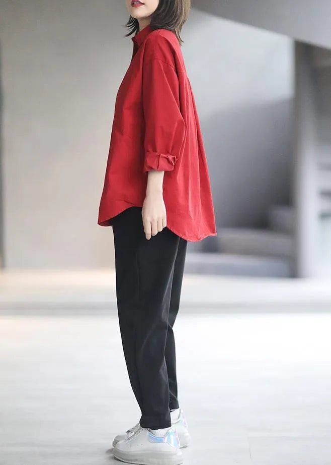 Unique Lapel Patchwork Spring Lothes Pattern Red Blouses