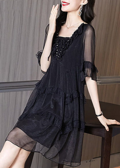 Black Ruffled Patchwork Chiffon Dress Summer