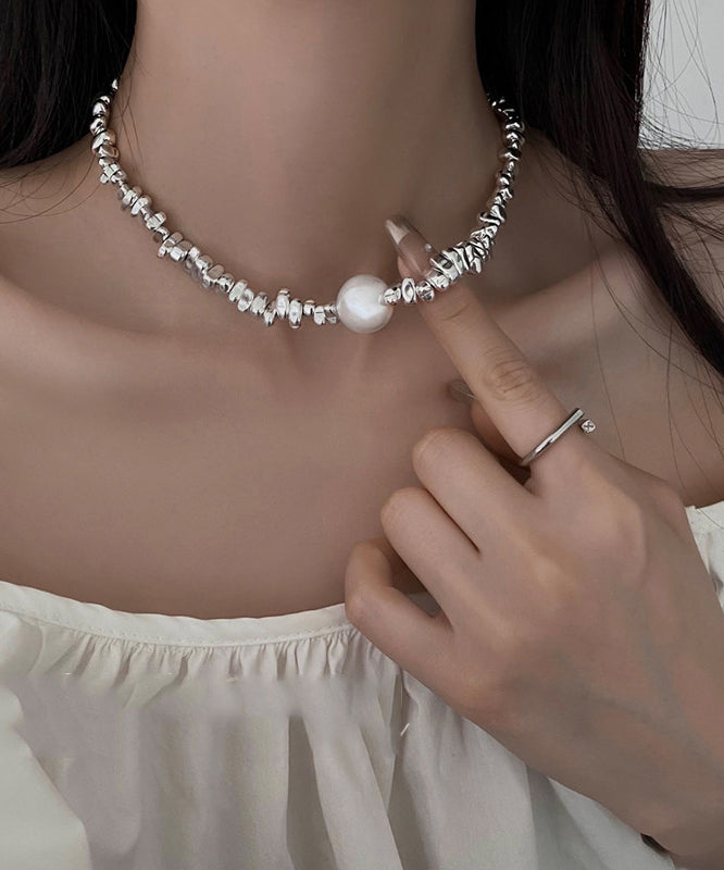 Fine Silk Stainless Steel Broken Silver Pearl Patchwork Pendant Necklace