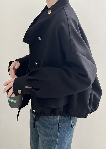 Black Button Cotton Jacket Stand Collar Drawstring Fall