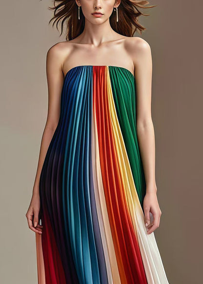 Rainbow Wrinkled Chiffon Strapless Dress Summer