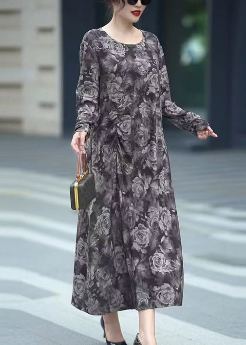 Grey O Neck Print Cotton Long Dress Fall