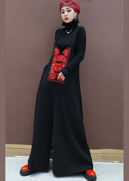 Organic Black Embroideried Wide Leg Pants Jumpsuit Spring