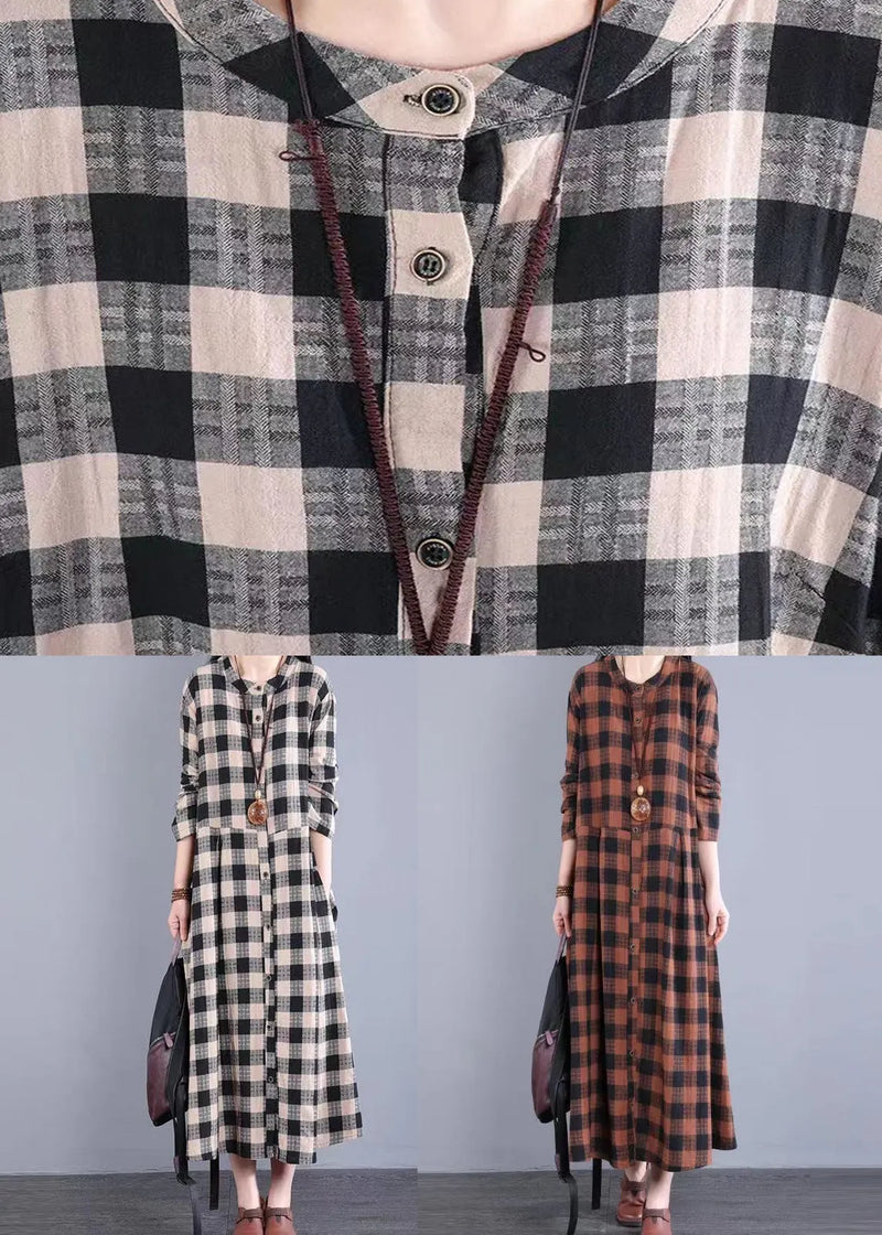 Black Plaid Stand Collar Patchwork Cotton Long Dresses Fall