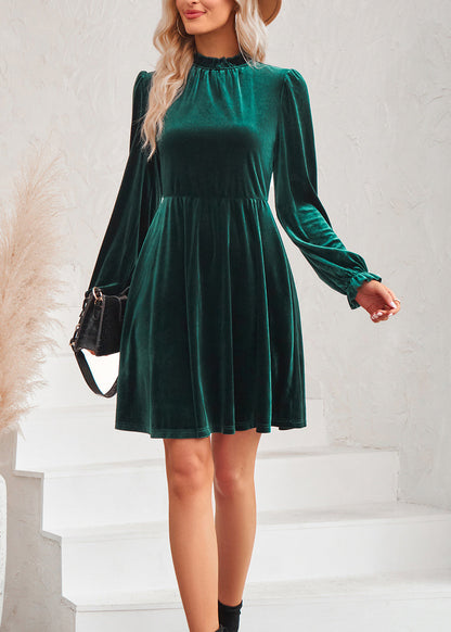 Blackish Green Ruffled Patchwork Velour Mid Dress Fall