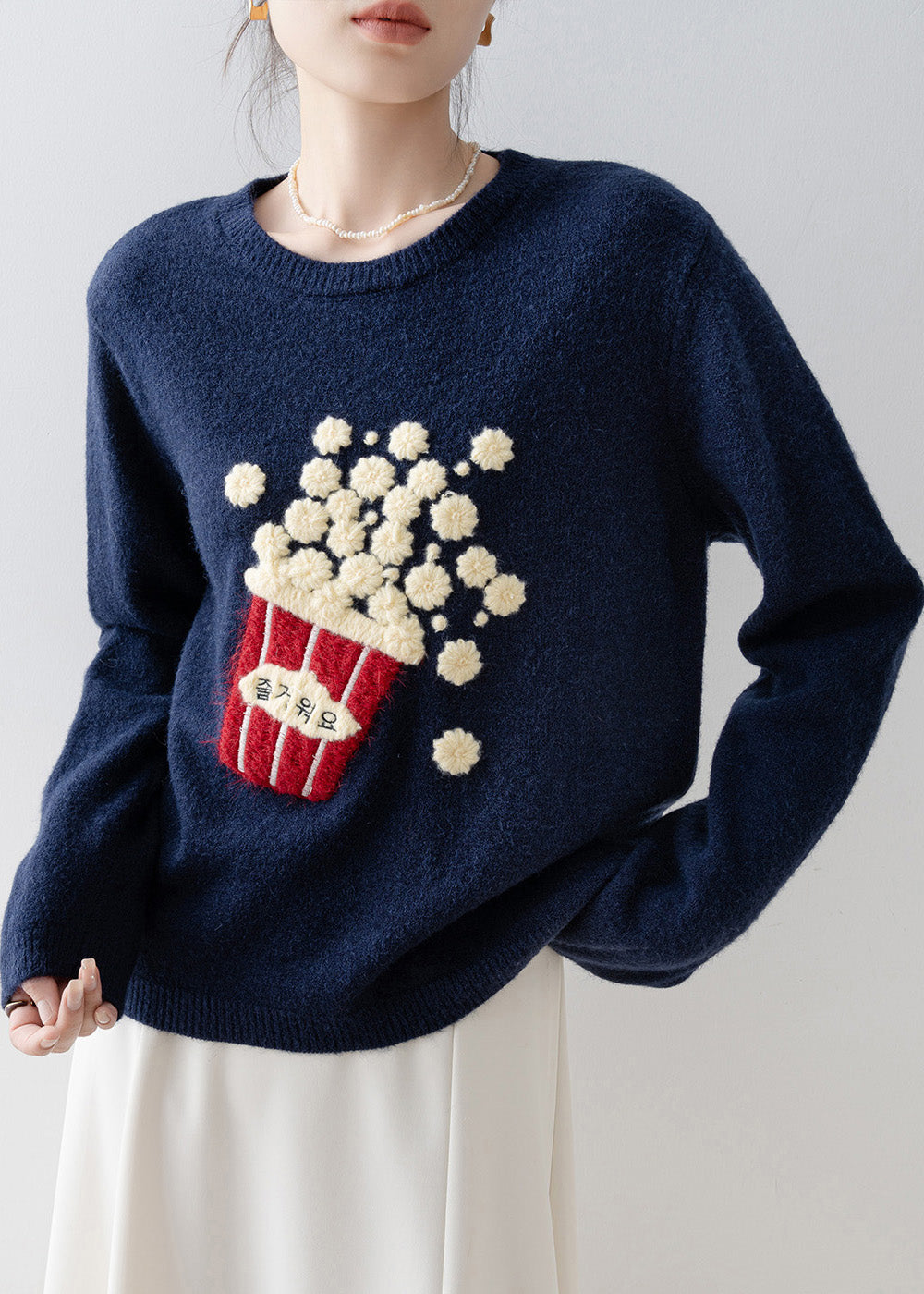 Versatile Navy O Neck Knit Sweaters Spring