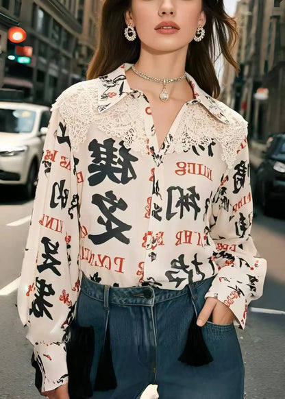 Apricot Print Patchwork Lace Shirt Top Spring