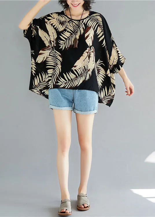 Boutique Black O-neck Print Asymmetrical Design Fall Half Sleeve Blouse Top