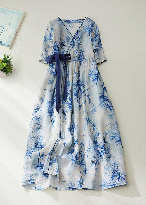 Blue V Neck Tie Waist Print Linen Cinched Dress Summer
