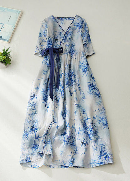 Blue V Neck Tie Waist Print Linen Cinched Dress Summer