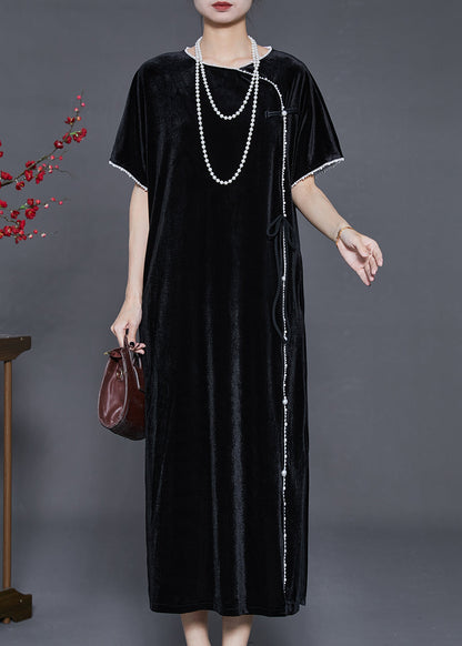 Fine Black Nail Bead Silk Velour Oriental Dresses Summer