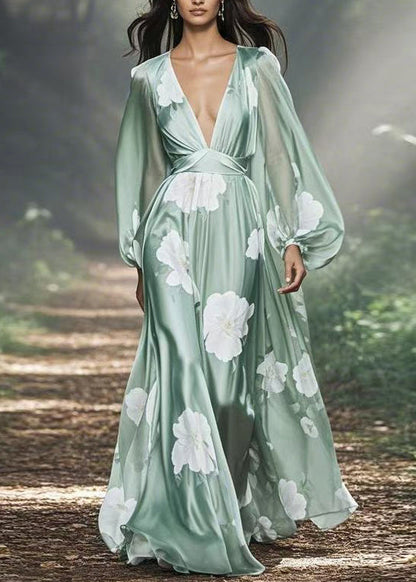 Italian V Neck Print Silk Long Dress Lantern Sleeve Spring