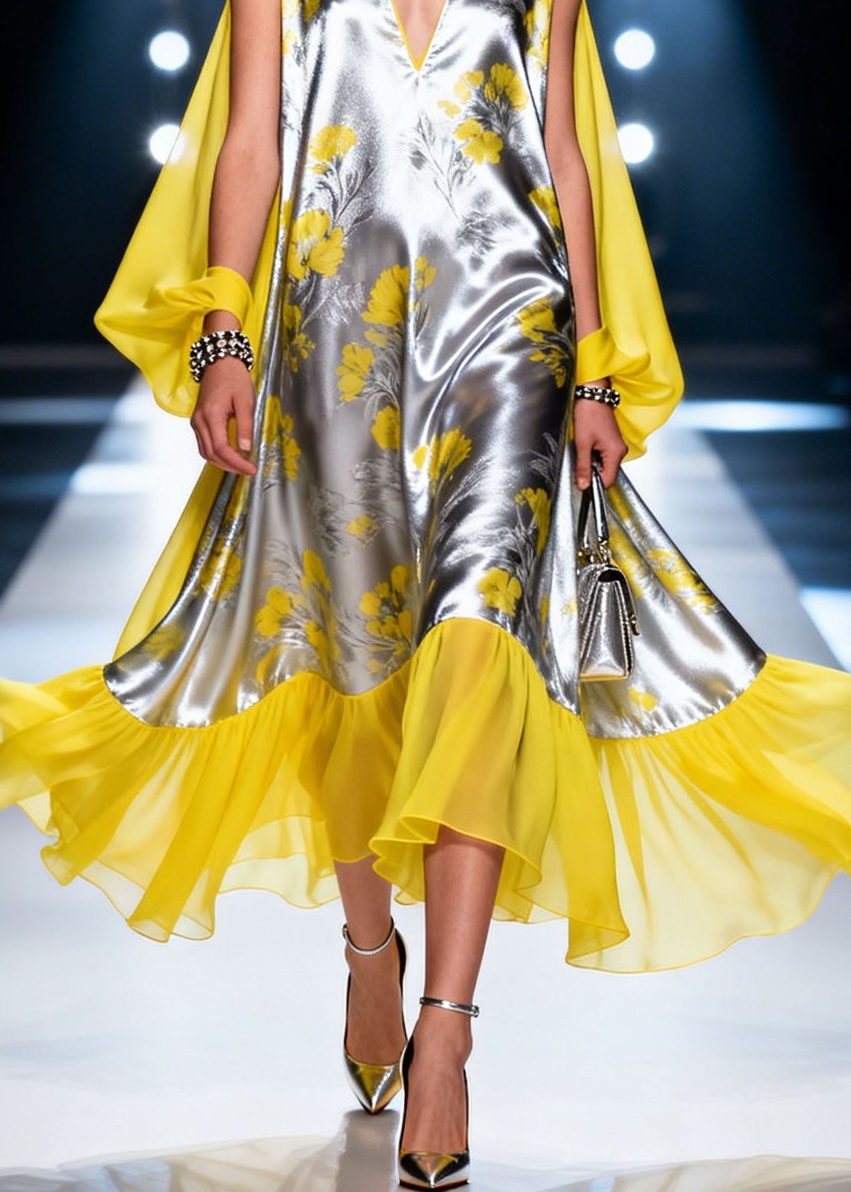 Style Colorblock V Neck Patchwork Chiffon Dress Summer