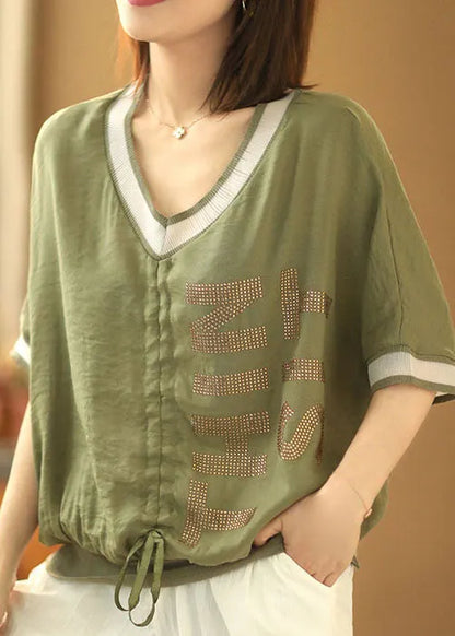 Green V Neck Drawstring Patchwork Shirt Short Sleeve