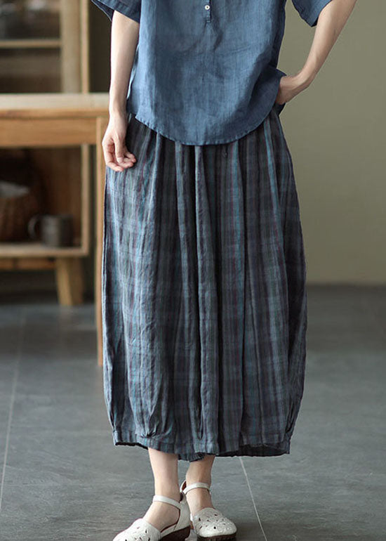 Blue Elastic Waist Plaid Cotton Pants Spring