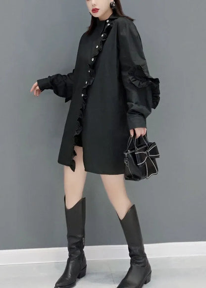 Black Peter Pan Collar Asymmetrical Ruffled Cotton Shirt Tops Spring