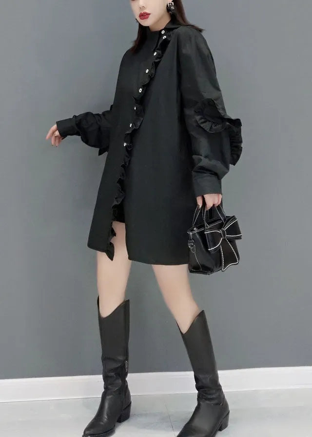 Black Peter Pan Collar Asymmetrical Ruffled Cotton Shirt Tops Spring