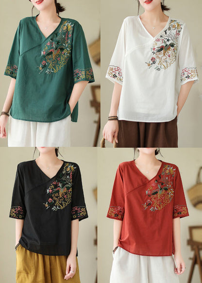 Blackish Green Embroidered Side Open Cotton Blouses Summer