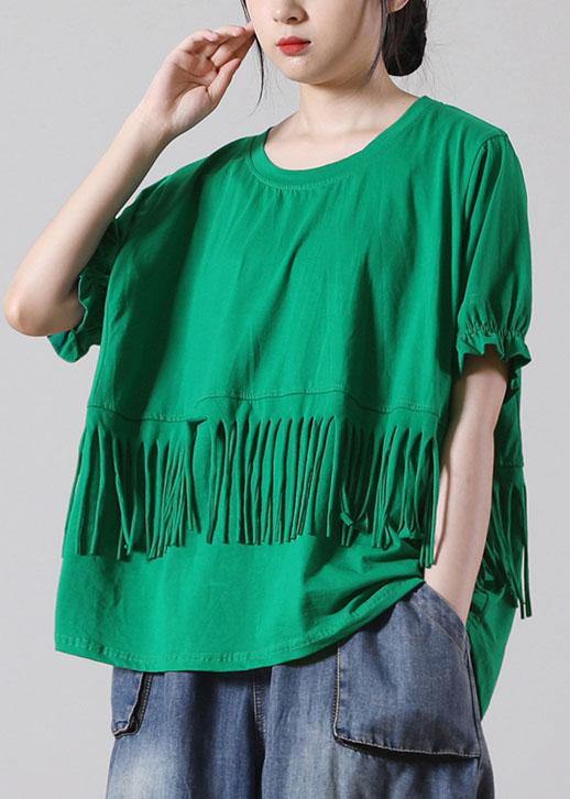 Green Tasseled Cotton Top Short Sleeve Summer