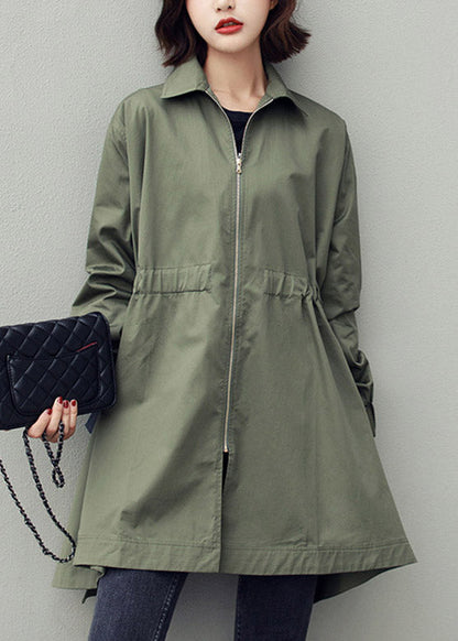 Army Green Peter Pan Collar Zippered Drawstring Cotton Long Trench Coats Spring