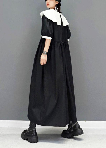 Diy Black Peter Pan Collarbuttonpatchwork Half Sleeve Robe Dresses Fall