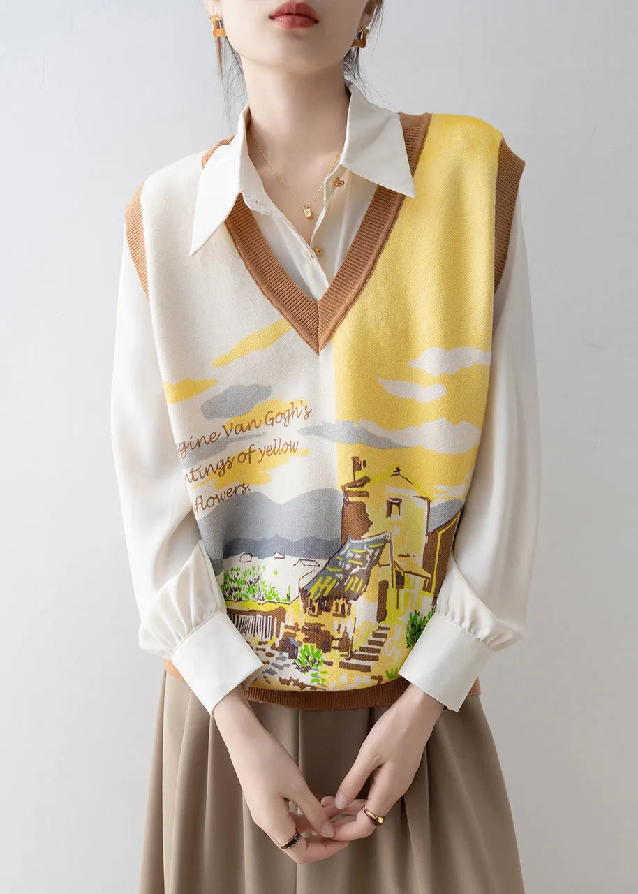 Handmade Yellow V Neck Print Knit Vests Spring