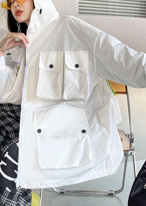Spring Unique White Colorblock Pockets Zippered Hooded Cotton Jacket