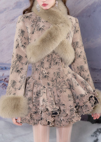 Khaki Fur Collar Print Coats and Mid Dress Two-piece Set Winter