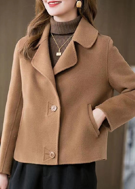 Camel Peter Pan Collar Woolen Coat Long Sleeve Winter